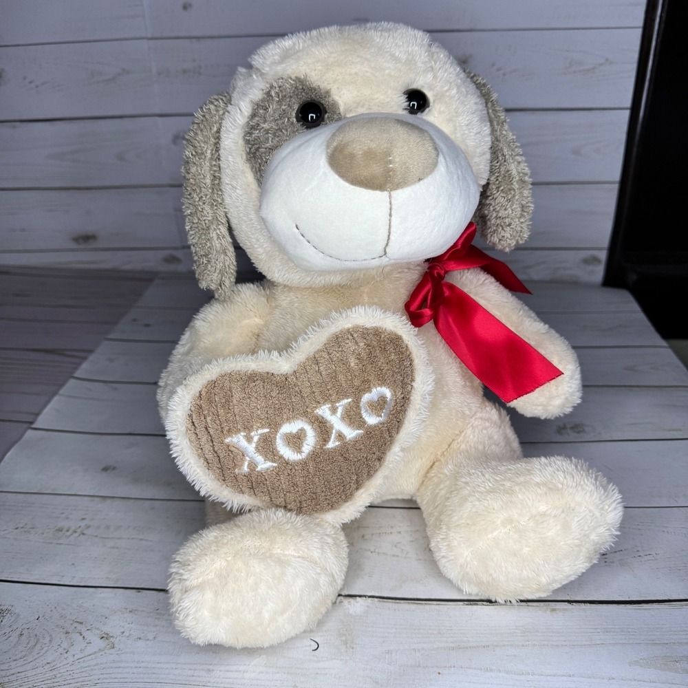 Kellytoy Beige Puppy Dog 12" Plush XOXO Heart Red Bow Valentine Stuffed Animal